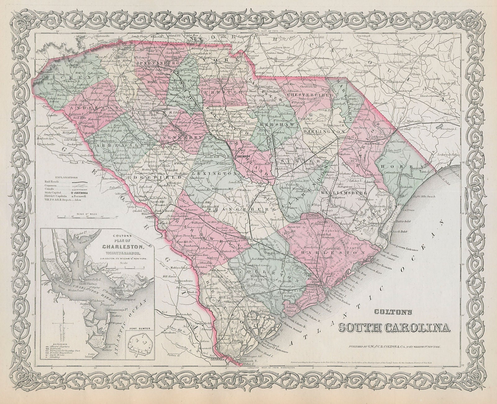 Colton's South Carolina. Decorative antique US state map 1869 old